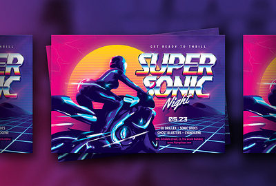 Super Sonic Party Flyer 80s eighties flyer futuresynth girl helmet latex motorcycle neon night outrun party retro retrowave sexy supersonic synth synthwave wave