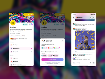 Rarible community on Status app blur channels chat cover crypto drawer illustration inter messaging mobile nft status tags token