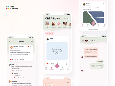 Girltelligence - A Wellbeing App app capi graphic design mobile newfeeds onboarding social app social media ui