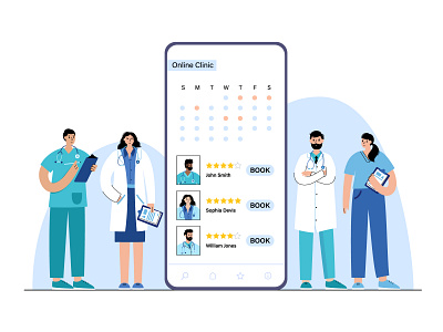 Online clinic illustration app booking character clinic doctor flat health illustration man medical minimal nurse online phone smartphone telehealth telemedicine vector virtual woman