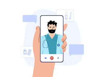 Video chat with doctor app character clinic consultation flat health hospital illustration man medical minimal online phone physician smartphone telehealth therapy vector video chat virtual