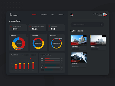 Investment dashboard dark mode dark theme dark ui dashboad dashboard design dashboard ui design graphs investment investment dashboard properties property property listing real estate ui ux visual design