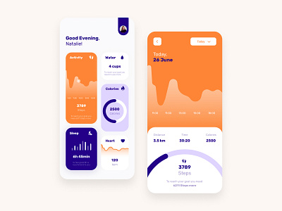 Health tracking app activity app daily ui design fit fitness fitness app health heart minimal mobile orange sleep sport tracker tracking ui water