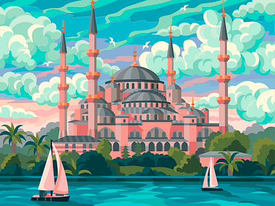 Suleymaniye Mosque architecture beresnevgames coloringbook decorative illustration evening gallerythegame gameillustration illustration landscape pink small the clouds vector vector artwork vectorillustration yacht