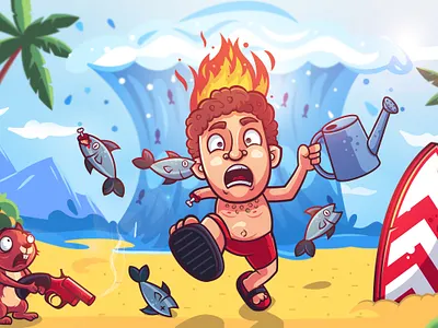 Strange beach - Broken Phone Game art beach character character design crazy creative design fish flat illustration insane man run squirrel wave