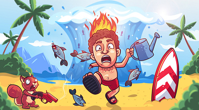 Strange beach - Broken Phone Game art beach character character design crazy creative design fish flat illustration insane man run squirrel wave