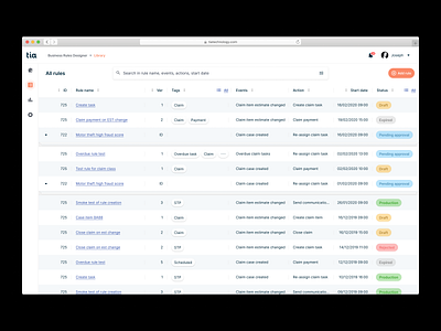 Rules Library UI for Insurtech product app b2b dashboard data filters insurtech labels saas search sorting status table tags web