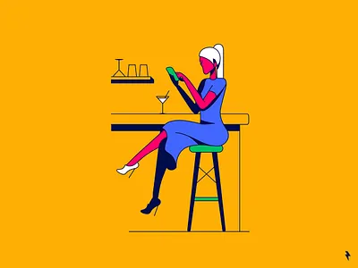 After Work bar blonde chair colorful design dress drink flat girl graphic illustration linework martini night phone stool ui ux verctor woman