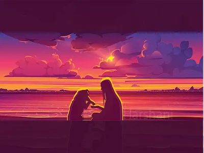 calm-Spend time with dog in the evening calm cartoon design dog and girl evening sunset illustration vector