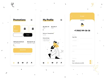Beauty service registration: Profile, Promotions beauty beauty salon bones clean dailyui glamour hair cut illustraion menu mobile nails online recording profile promo code promotions recording services van storytale wellness yellow