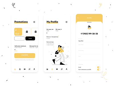 Beauty service registration: Profile, Promotions beauty beauty salon bones clean dailyui glamour hair cut illustraion menu mobile nails online recording profile promo code promotions recording services van storytale wellness yellow