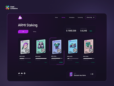 ARMI - Staking UI Concept app blockchain capi creative dark mode design meta mask neon nfts staking ui web3