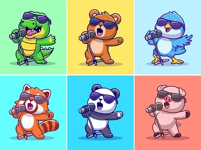 Animals singing🎤🐊🕊️🐖🎼 animal bear bird crocodile cute event glasses icon illustration logo lyric microphone music panda pet pig reptile singing song zoo