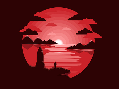 Landscape astronaut circle illustration landscape minimal mountains red rocket rocketship sea style web