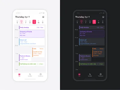 Calendar Day View app design calendar dark date picker day view light timeline ui ux