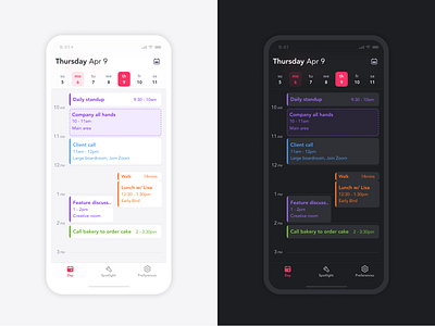 Calendar Day View app design calendar dark date picker day view light timeline ui ux