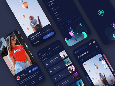 Ethos app app appdesign blue clean colour dark app dark mode dark theme dark ui design events events app illustration interface landing profile profile page tickets ui ux