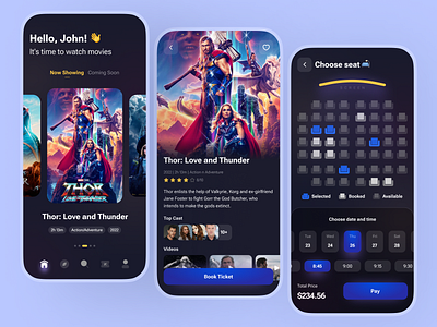 Cinema Booking App app cinema cinemaapp cinemabooking cinematic clean darktheme design flat mobile movie movieticket ticketbooking tickets ui ux