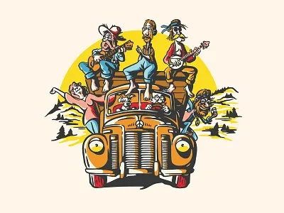 Sky River 60s 70s band beatnick car design guitar hippie hippy illustration landscape music peace retro trippy truck vector vintage