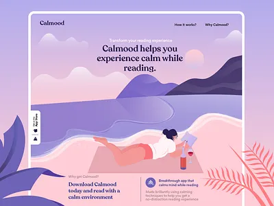 Calm mood landing page 2d illustration books branding calm flatdesign flatillustration illustration illustrator landing page concept landing page design landing page ui landingpage minimal illustration ui ux web app web design website website design