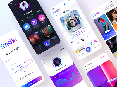 Trad3r All screens app audio sound branding earn game stock gradients home illustration investment light dark mode login logo music player neel prakhar profile sharma ui ux vector