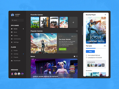 Concept Epic Games | Home #6 activity app application concept desktop epic games games home launcher library messages news player start steam ui uiux user experience user interface ux
