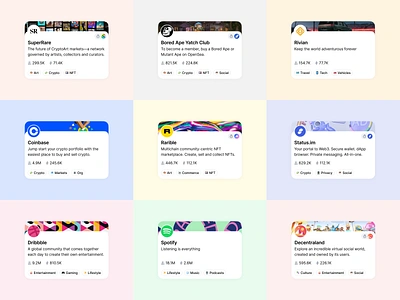 Community Cards app card color community component cover crypto design sytem grid logo product status tags token web3
