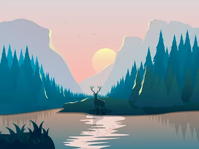 landscape with a deer, spruce forest and mountains at sunset background branding character creative cute animal deer design forest gradients illustration landscape design landscape illustration lanscape mountains nature nature art nature illustration river sunset vector
