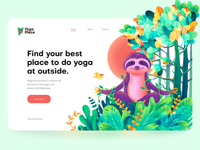 Yoga Place, hero image illustration animal app illustration banner forest hero image illustration home page illustration illustration jungle landing page illustration poster sloth tree ui illustration vector web page illustration