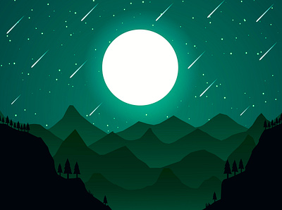 night mood artwork design design art green sky hill illustration logo moon moonshine night sky shooting star sky star tree ui