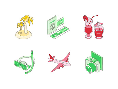 Summer - isometric icons airplane beach design icon isometric isometry line snorkel style summer tour travel vacation