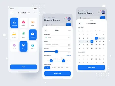 Prom | Event Discovery App calendar card colorful creative date design event event app events filter icon illustration ios minimal mobile app mobile app design typography ui ux