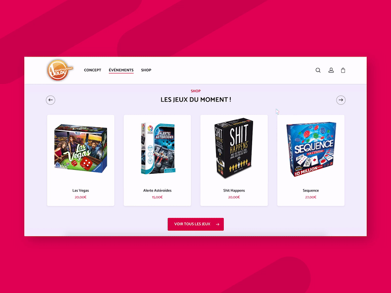 Destination Jeux — Shop animation board game branding design event games interface shop ui website