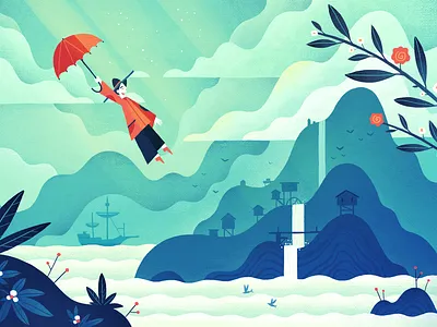 Sunny Island illustration 2d art character clouds contrast dangartman green illustration island landscape mountain original ray rockerminks style sun texture umbrella waves woman