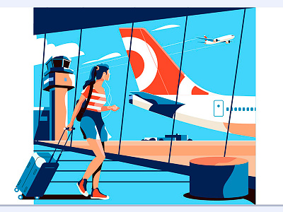 Travel lifestyle. airplane airport flight girl modern person plane transportation travel window woman