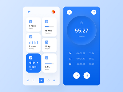 RunFit - Sport and Healts app activity blue clear fit fitness fitness app health health app healthcare marathon pastel pedometer pulse sleep sport stopwatch timer ui water weight