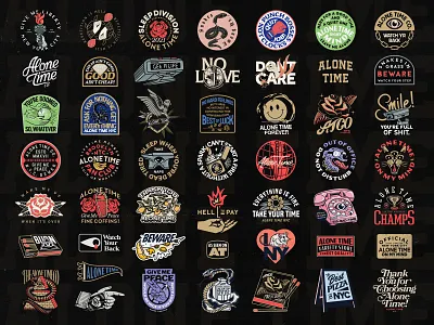 Alone Time NYC alone time badge badgedesign brand identity branding cat graphic design hands illustration illustrator lettering logo patch pizza rose script snake sticker design typography vector