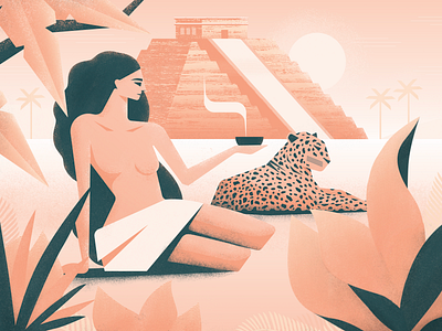 Kukulkan grain illustration jungle leaves leopard mexico nature palm pyramid sun time lapse true grit true grit texture supply woman