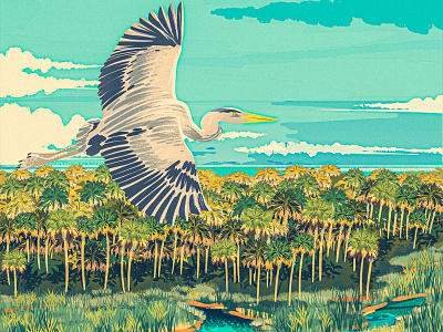 Everglades 2d bird coast digital painting everglades florida heron illustration landscape national palm park sky swamp tree
