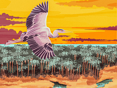 Everglades 2d bird digital painting everglades flight florida fly flying heron illustration landscape national nps palm park retro sunset tree wpa