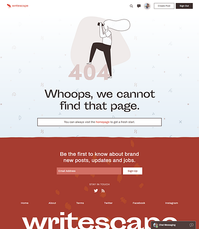 Writescape 404 Page app branding css dailyui html illustration react ui ux vector web