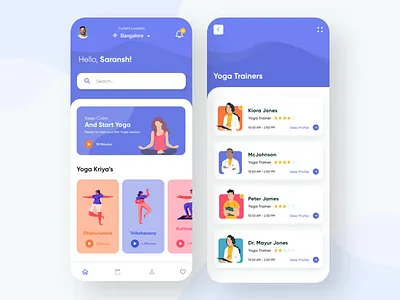 Yoga Mobile App blue doctor app illustrations mobile mobile app mobile app design mobile design mobile ui product product design product page search bar trainers uidesign uxdesign yoga app yoga illustration yoga mat yoga pose yoga studio