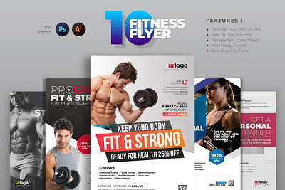 PSD Fintess Flyer Bundle 10 a4 body bundle cmyk creative design excercise fitness flyer gym layout modern pack photoshop poster print psd sport