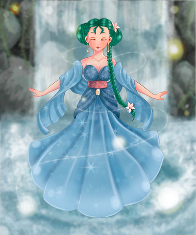 Harvest Goddess anime animeart background forest girl goddess illustration water watercolor waterfall
