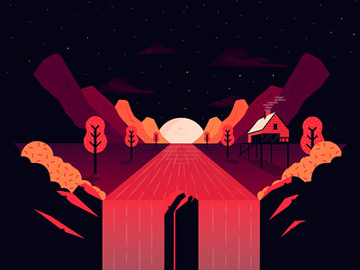 The Cabin adventures art direction balance clouds design flatvector flora gradients illustration illustrator nature pantones summer sun sunset trees vector waterfall