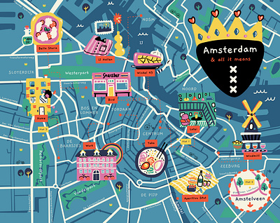 Amsterdam Map📍🇳🇱 amsterdam bikes canals city city map cityscape dutch expat food food illustration holland illustrated map illustration love map market netherlands pizza restaurants windmill