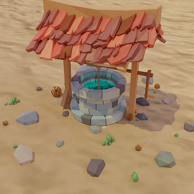 Low poly blender well with some composites 3d 3d art 3d artist blender blender 3d blender3d blender3dart cactus desert glow low poly lowpoly lowpolyart rock roofing rope sand tumbleweed water well