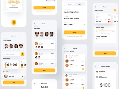 Split Bill App app concept applications card design creditcard delivery app design design app food app payment product design restaurant share split bill typography uidesign uxdesign white yellow