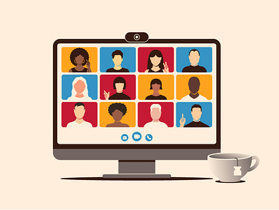 Video Conference from home app computer conference cup face flat home people remote tea technology vector video