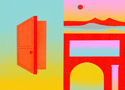 Opening Doors abstract sunrise composite composite image eclipse emily lynn design emily lynn perelman emily perelman freelance designer freelance illustrator grain holographic illustration illustration design iridescent landscape psychedelic solar storyboard storytelling surreal art